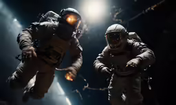 two soldiers, in gas masks and suits, leap into space