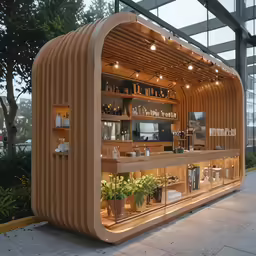 an outside view of a stand with plants and potted plants on it