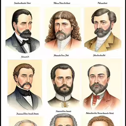 a bunch of portraits of different men from different ages,five portraits of men with long hair and beards