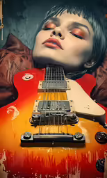 a woman with long black hair and blood red lipstick, has a guitar for her head