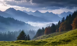 a lush green hill top covered in fog