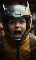 a young boy wearing a helmet with an open mouth