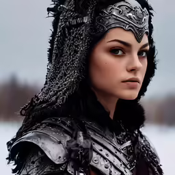 a woman dressed in armor stands in the snow