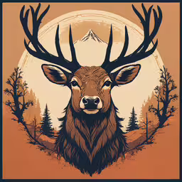 a graphic that has a deer and some trees in front of it,a brown deer with long horns in the wilderness