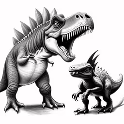 two dinosaurs, one black and white, facing each other,two dinosaurs with sharp teeth standing together