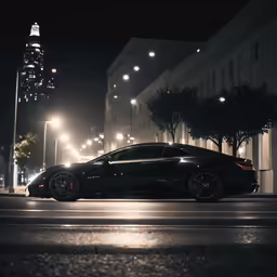 a black car is parked in front of some building