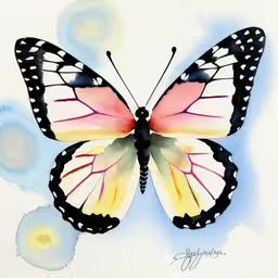 a butterfly that is painted with watercolors on paper