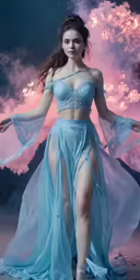 young woman in blue dress and sliting skirt walking towards the camera