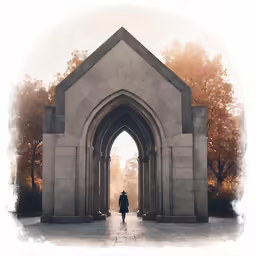 the silhouette of a person standing in front of an archway