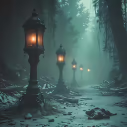 an eerie dark, green forest with street lamps and a dead animal laying on the floor