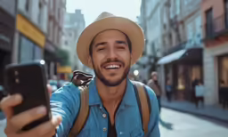 smiling man holding up his phone while he takes a selfie