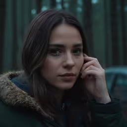 a beautiful woman in black jacket holding her hands together