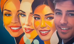 a man is posing in front of three paintings of different women