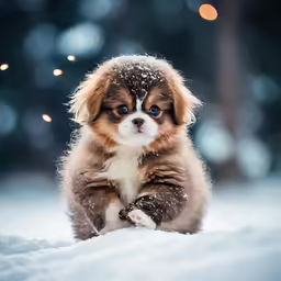 a puppy with blue eyes is sitting in the snow