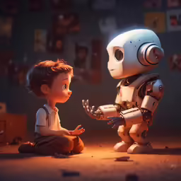 two kids sitting in the middle of a room with a robot and another child