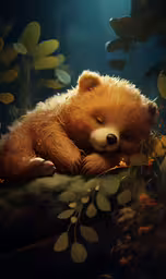 a red teddy bear sits and sleeps under a tree branch with green leaves,a teddy bear is asleep on the side of a tree