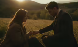 man and woman standing together sitting on the ground in the sun