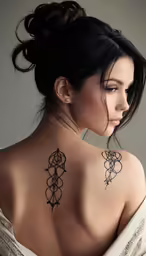 a woman with tattoos on her upper back and shoulder