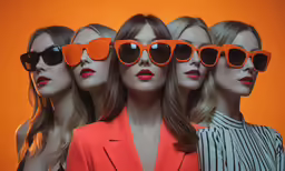 a group of people wearing bright colored glasses with their eyes half on them