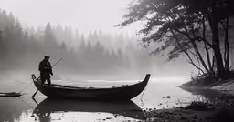a man on a boat in a misty lake,two people fishing in a boat near a forest