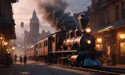 a steam locomotive pulling cars through a town,steam trains drive along tracks through an older city at night