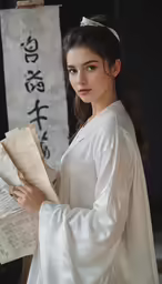 woman in a white traditional chinese outfit holding a book