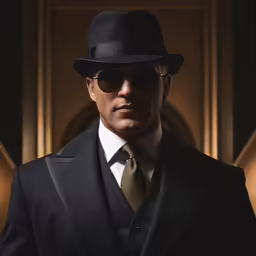 a man wearing a suit and tie and black hat