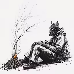 a drawing of a man wearing gas mask sitting near a burning pot