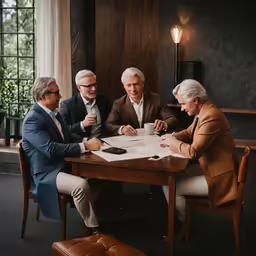 three men are sitting at the table while playing chess