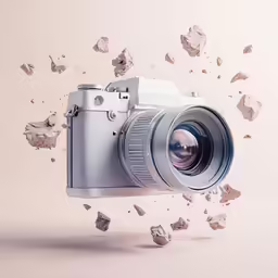 an image of a camera that is exploding