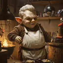 a statue of an elf with a white apron in a room