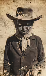 an old time black cat wearing a cowboy hat and tie