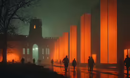 a group of people walking past tall buildings in the night