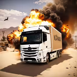 a truck with flames coming from it driving down a road,an image of a big truck in the desert