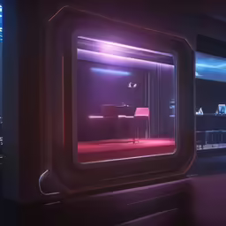 an office with a purple light in the middle