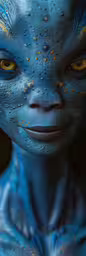 an image of a alien like person with yellow eyes,an alien creature has yellow eyes and dark blue skin