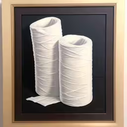 the white rolls are wrapped in black paper,two rolls of toilet paper are shown in a frame