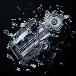 the inside view of an antique typewriter surrounded by broken pieces