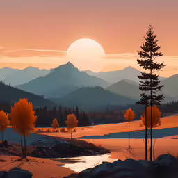 an animated view of a landscape with mountains in the background,a painting with a sunset in the distance