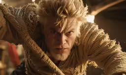 the man has blonde hair and is pulling on a brown sweater