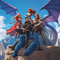 a group of people are flying around on a giant rock