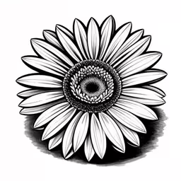 an ink drawing of a sunflower,black and white image of a sunflower in full bloom