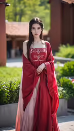 a woman wearing a red and beige dress