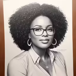 a black woman wearing glasses and sitting in front of a portrait