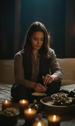 a young woman sits in front of some candles