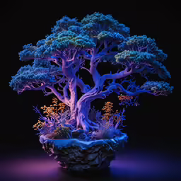 tree displayed in illuminated display on black background