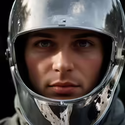 a woman wearing a helmet looking off to the side