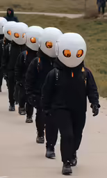 several young people in all black walk down a path