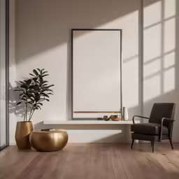 a mirror in the corner of a room with chair and large potted plant