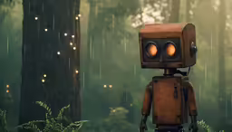 a little robot in the rain in front of some trees